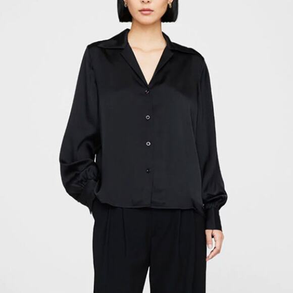 Anine Bing Mylah Silk Long Sleeve Button Down Shirt Black Size Small - Picture 1 of 7